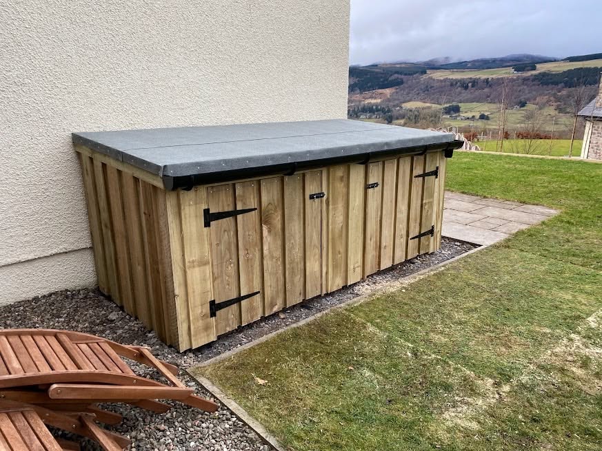 Timber outdoor storage cupboards with dark roof