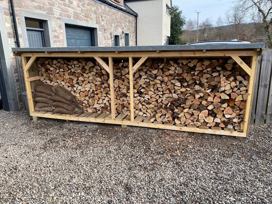 Timber log store filled with stacked firewood
